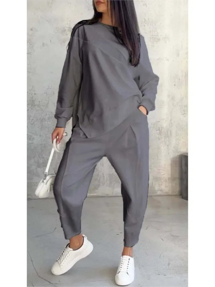 Autumn Winter Solid Color Casual Loose Irregular Long Sleeve Hoodie Women's Suit Fashion Simple Harun Pants Female 2 Piece Set