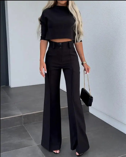 Casual Long Sleeve Shirt Pants Set Office Lady Spring Autumn Fashion Solid O-neck Tops Trousers Two Piece Set Women Outfit 2023