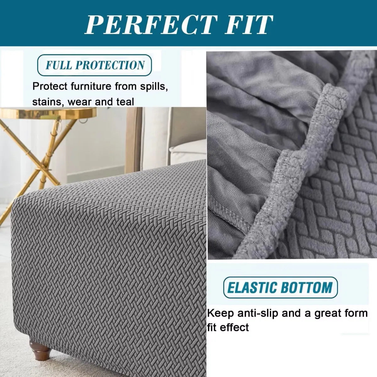 T-Shape Jacquard Square Stool Cover Ottoman Stool Cover Elastic Sofa Footrest Slipcovers for Living Room Office Home Decor