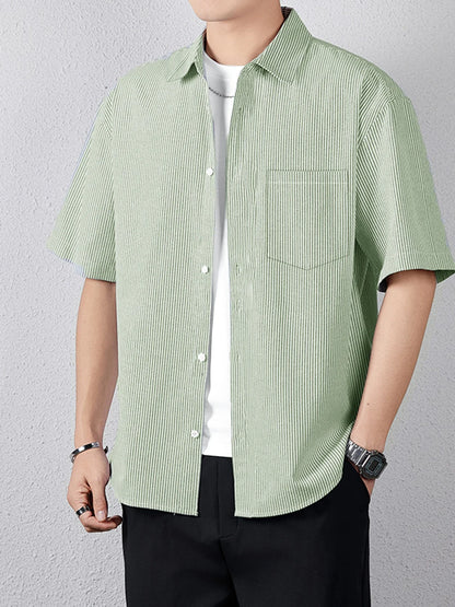 Short-sleeved shirt men's simple pinstripe high-end top summer loose and versatile new high-end men's shirt
