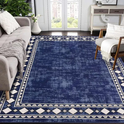 Navy Blue Area Rug Modern Geometric Border Print Carpet for Living Room Bedroom Non Slip Stain Resistant Foldable Accent Rug