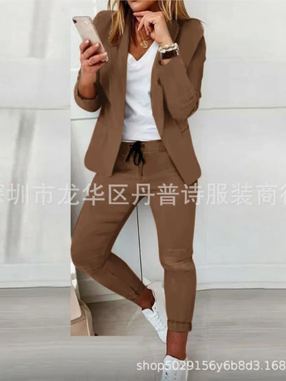2 Piece Women's Autumn Winter Suit Fashion Slim Fit Lace-up Small Feet Trousers Women's Office Casual Solid Color Suit 2024
