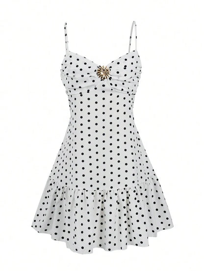 2026 Summer New Women's Polka Dot Mini Dress, Sexy Spaghetti Strap Ruffle Hem Cami Dress, Vacation Beach Party Dress