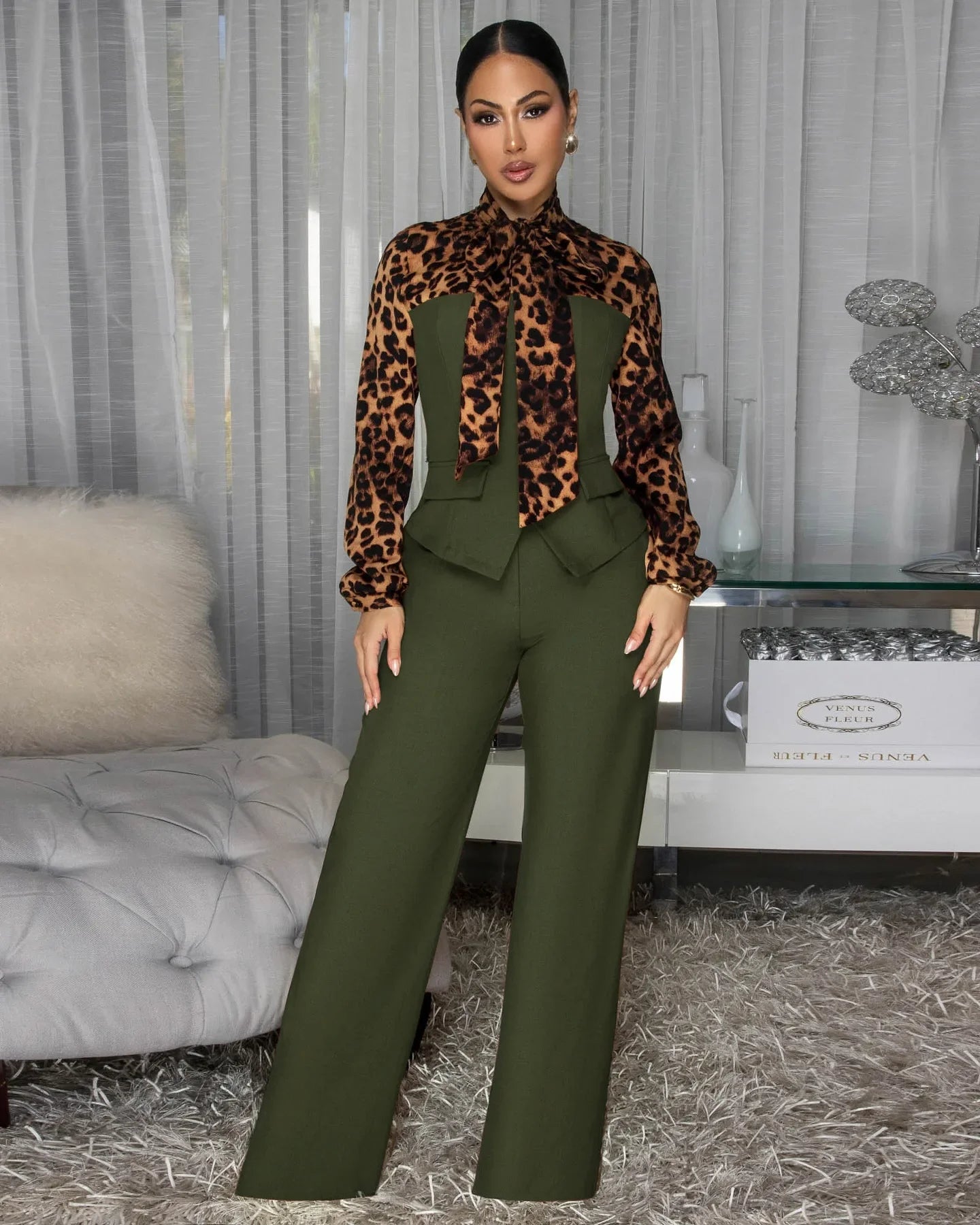 2 Pcs Women Chic Pants Suit Casual Leopard Patchwork Slim Top