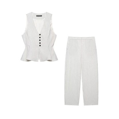 Women Fashion Stripe Sets Sexy Sleeveless Button Fold Hem Top+Wide-Leg Pants Summer Autumn Vacation Leisure New 2 Pieces