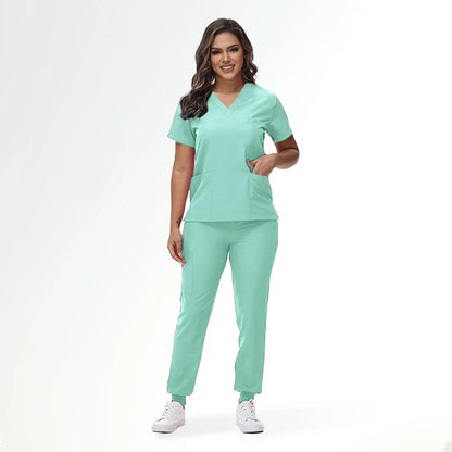 Stretchy Nurse Uniforms V-neck Top Jogger Pants Scrub Sets Surgical Workwear Dentist Nursing Suit Hospital Doctor Outfit S21