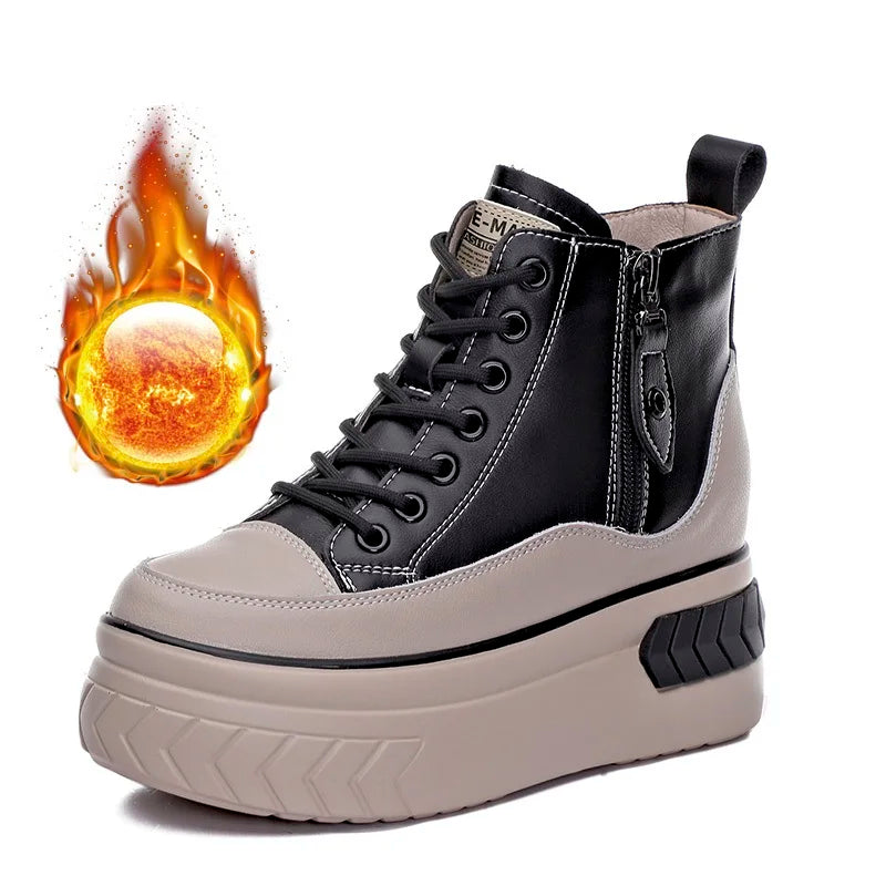 High Top Women Shoes Genuine leather 8cm Platform Boots Wedge Hidden Heel Zip Spring NEW Autumn Warm Fur Winter Shoes Sneakers