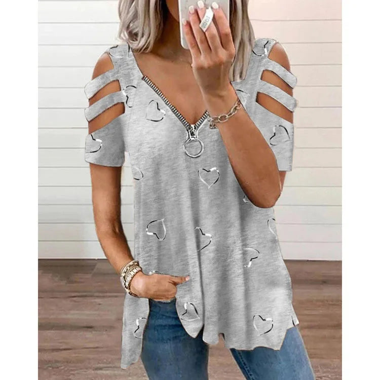 Plus Size V-Neck Zipper Print Sexy Hollow Short Sleeve Loose Casual T-Shirt Women's Tops