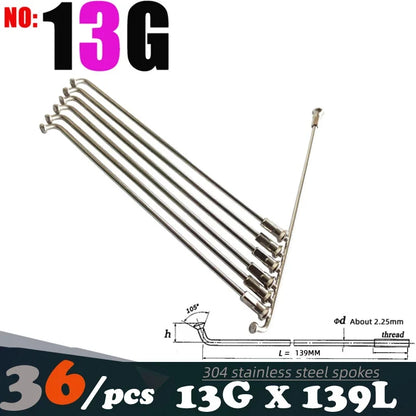 36Pcs 13G(2.25mm)122-240MM 304 Stainless Steel Bicycle Spokes & Nut Electric E-Bike Cycle
