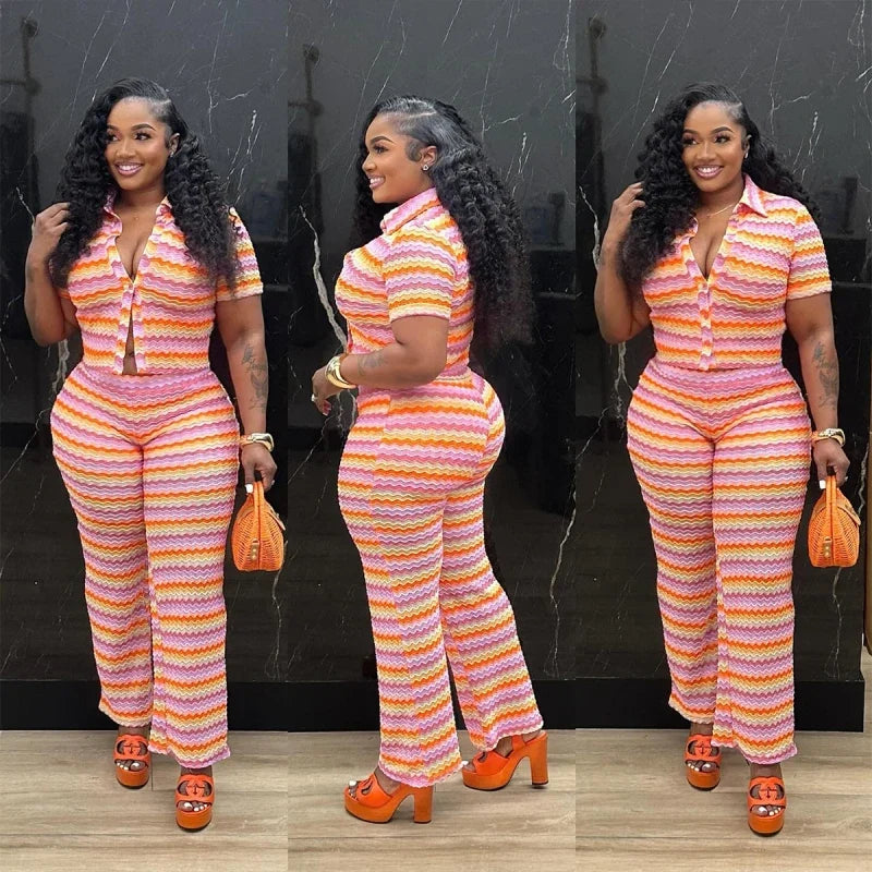 2026 Spring Summer Women Hollow Striped Knitted 2 Pieces Set Short Sleeve Shirt And Pants Set