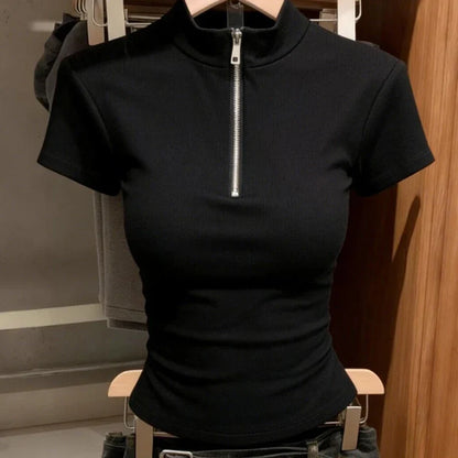 High Street Slim Zipper Patchwork Simplicity Tops Summer New Short Sleeve All-match Korean T Shirts Fashion Trend Women Clothing
