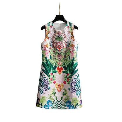Women Green Printed Beaded Sleeveless a Line Dress Round Neck Summer Midi Dress Elegant Casual Party Dress