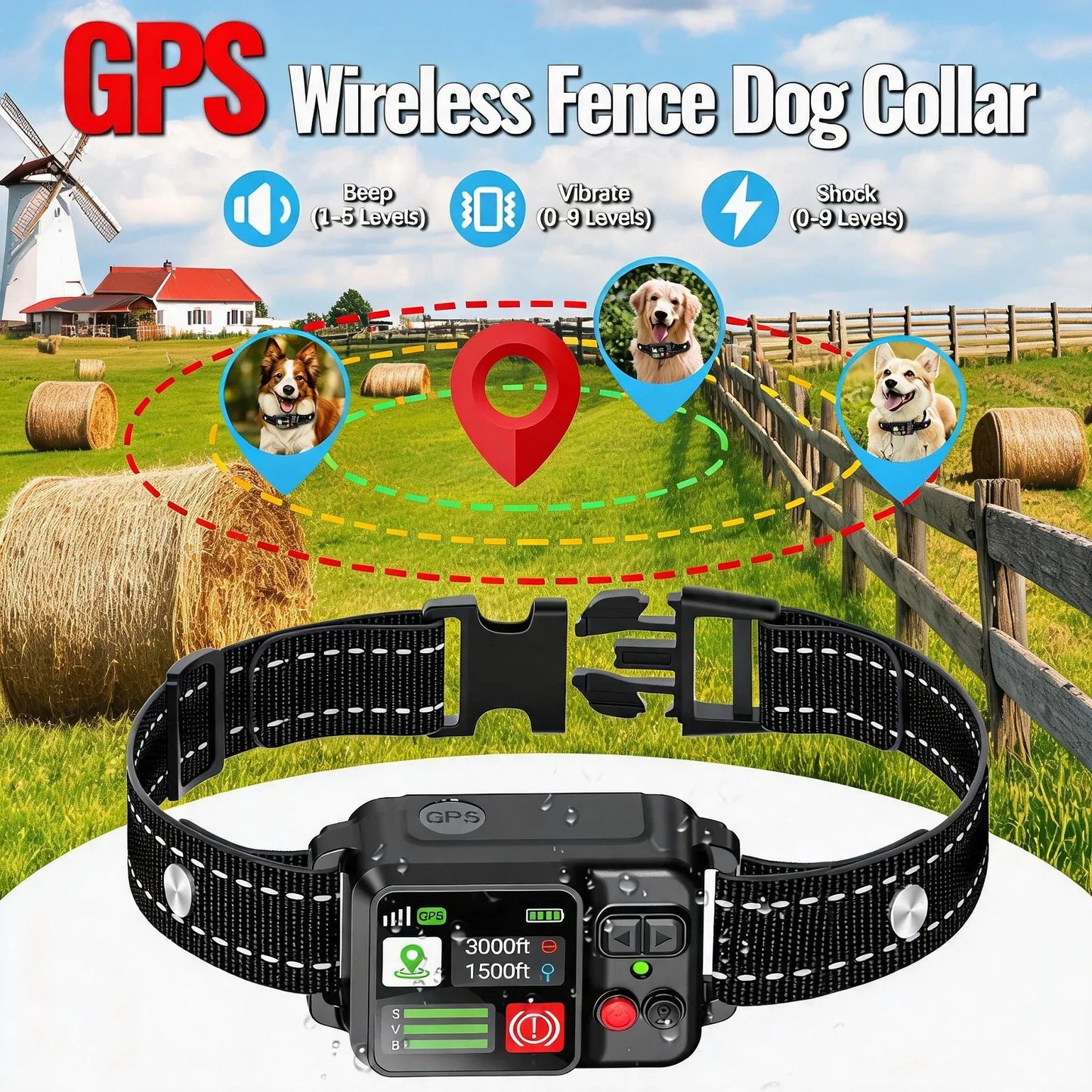 Orcleab Wireless Dog Fence GPS Dog Collar IP67 Waterproof Electric Shock Pet Containment System 3 Training Mode Free-Form Fence