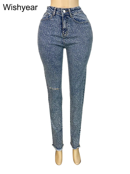 Fashion Skinny Stretch Jeans for Women Luxury Diamonds Hole Pencil Pants High Waist Washed Streetwear Y2k Streetwear Trousers