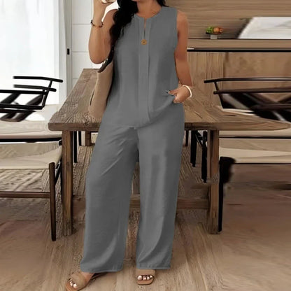 Summer O Neck Button Vest Shirt Wide Leg Pants Suit Women Casual Two Piece Set Solid Color Comfortable Holiday Outfits White
