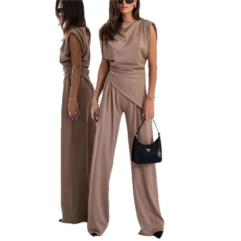 Summer Fashion Solid Two Piece Sets Women Elegant Slim Office Suit Casual Irregular Top And Wide Leg Pants 2 Piece Set Female