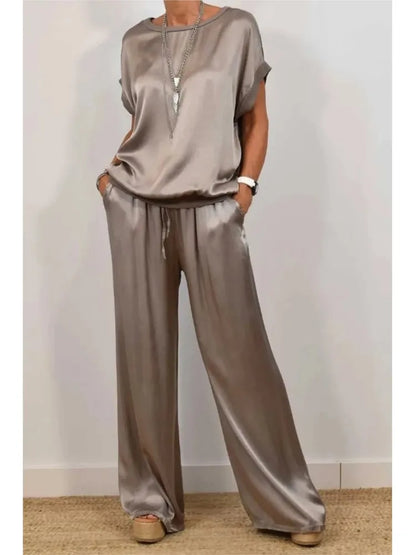 2-piece Set Fashion Satin O Neck T-shirt Top Trousers Summer Retro Elegant Casual Loose Wide-leg Pants Female Home Clothing Suit