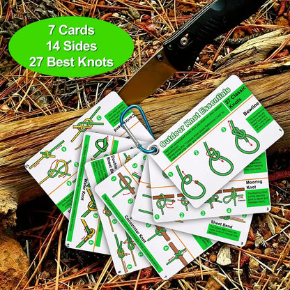 27 Knots Camping Hiking Guide Cards Set, Durable PVC Portable Reference with Carabiner Keychain, for Tent Setup & Outdoor Usage.