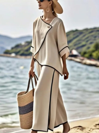 Women Loose Striped Print Split Wide Legs Pants Two Piece Sets Spring Elegant Slanted Short Sleeves Set Office Ladies 2Piece Set