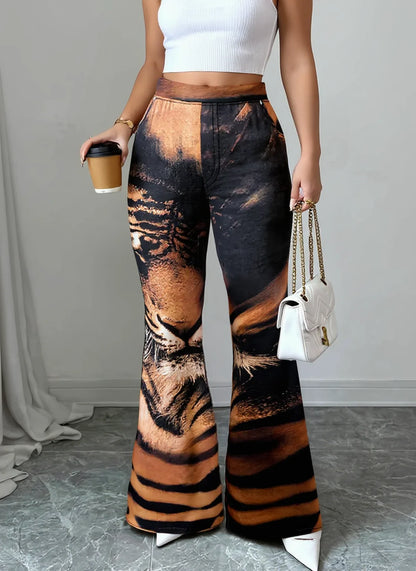 Women High Waist Tiger Print Flare Pants Vintage Animal Pattern Stretch Bell‑Bottom Trousers Club Party Streetwear Pants