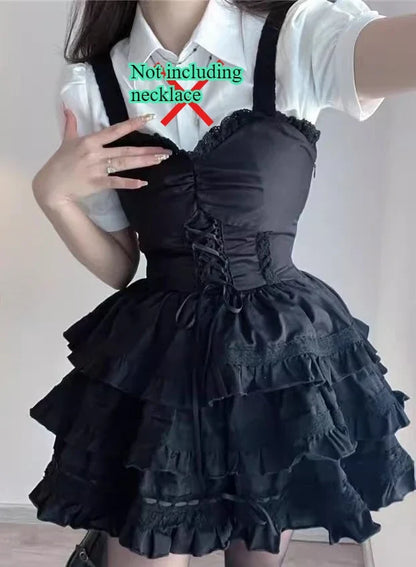 Large Size Cute White Turn-down Collar Short Sleeve Shirt Girl Black Ruffles Splicing Lace-Up A-line Cake Suspender Dress Sets