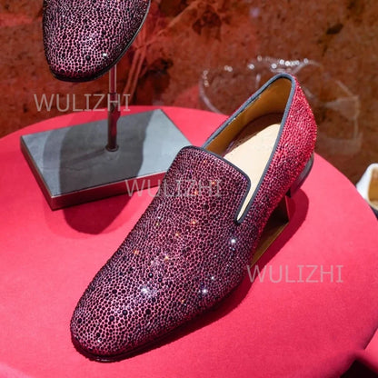 Gold Full Crystal Shiny Men's Loafers Wine Red Black Gradient Oxfords Flat Shoes Party Luxury Clogs Round Toe Casual Print Shoes