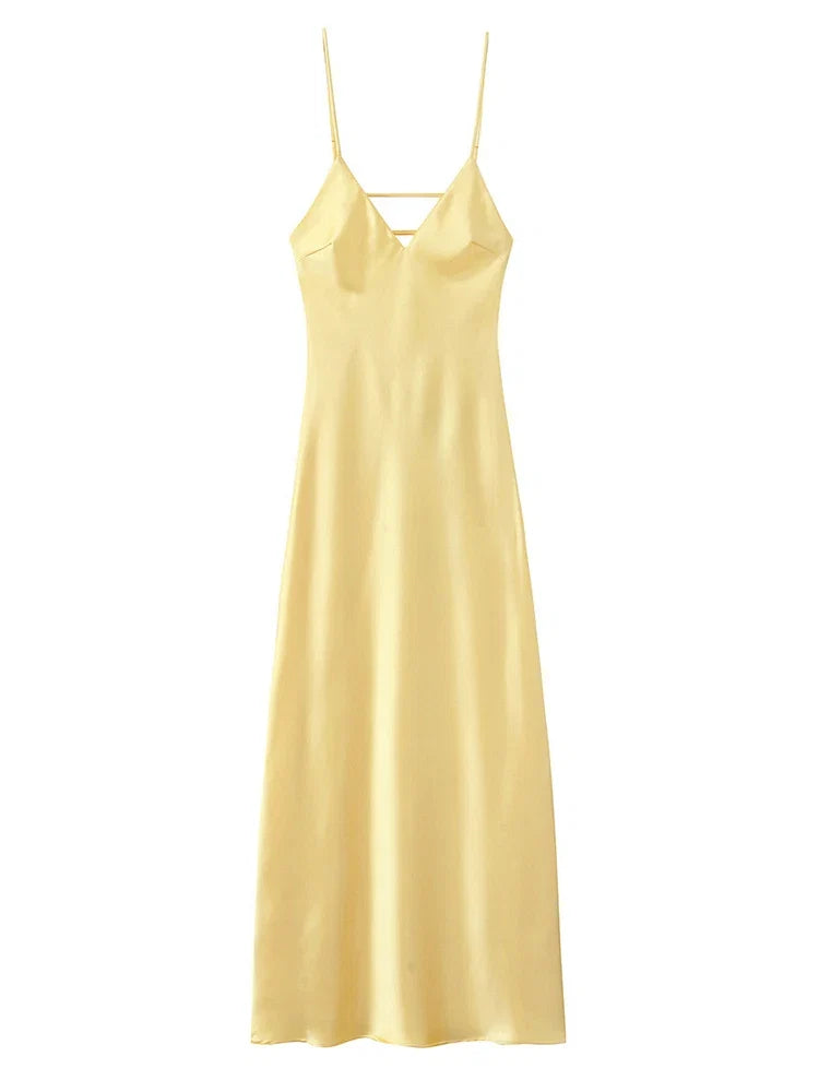 Solid Color Satin Bustier Women Maxi Dress Fashion Yellow Spaghetti Strap V Neck Waist-cinching Dresses 2026 New Party Vestidos