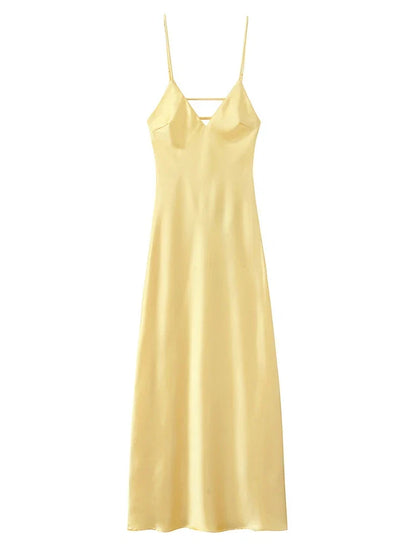 Solid Color Satin Bustier Women Maxi Dress Fashion Yellow Spaghetti Strap V Neck Waist-cinching Dresses 2026 New Party Vestidos