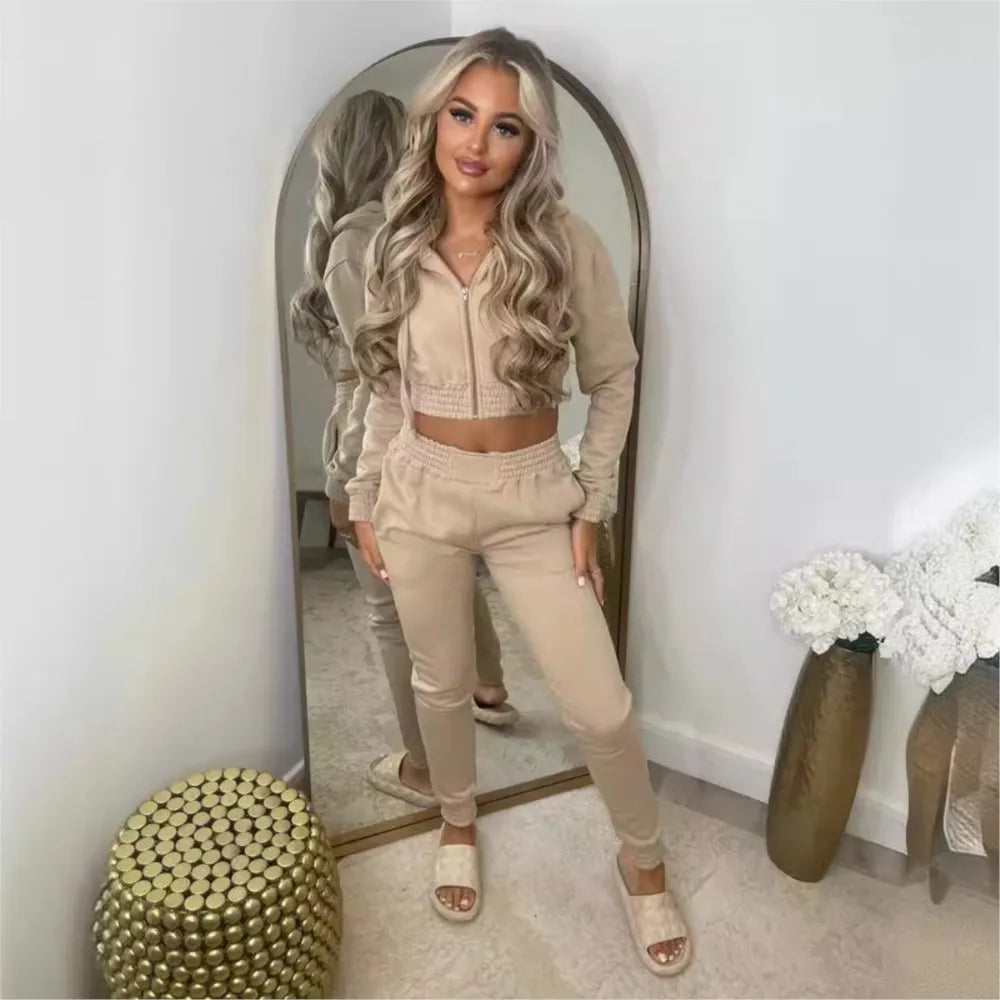 Fleece Hooded Sweatshirt Short Hooded Women's Suit Autumn Winter New Casual Zipper Hoodie Sports Jogging Pants Female 2piece Set