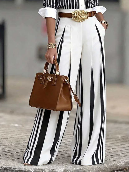 Women Fashion 2-Piece Set Striped Button Down Long Sleeves Shirt High Waist Striped Wide Leg Pants Elegant Office Outfit