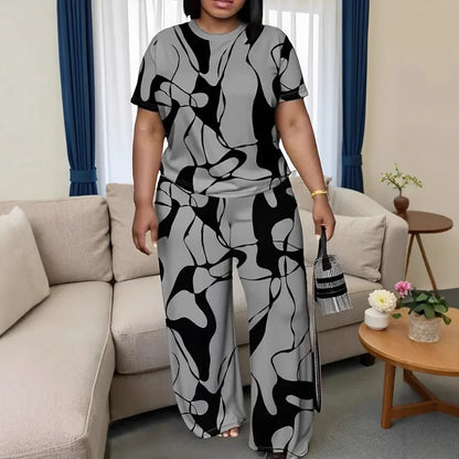 Conjuntos Femininos Summer Short-sleeved Fashion Print Suit Women's Round Neck Large Size T-shirt Wide-leg Trousers 2 Piece Suit