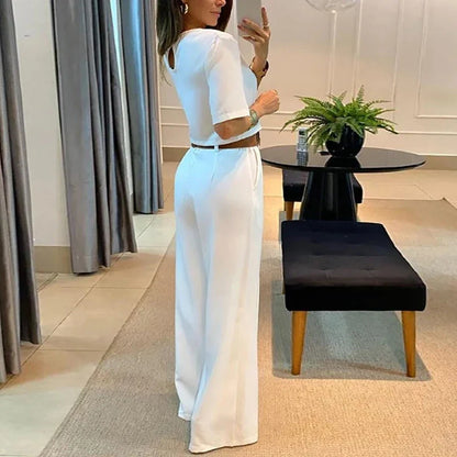 Fashion Office Lady Two Piece Sets O Neck Short Sleeve Short Shirt High Waist Straight Pants Suit Female Summer Outfits