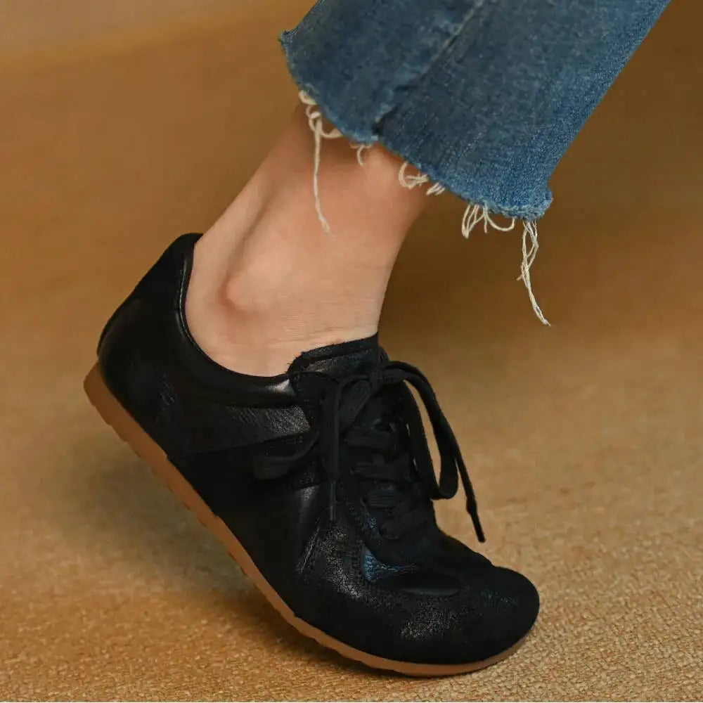 Women Sneakers Spring 2025 New Genuine Leather Non-slip Round Toe Women Shoes Shallow Bow Casual Women Shoes Black
