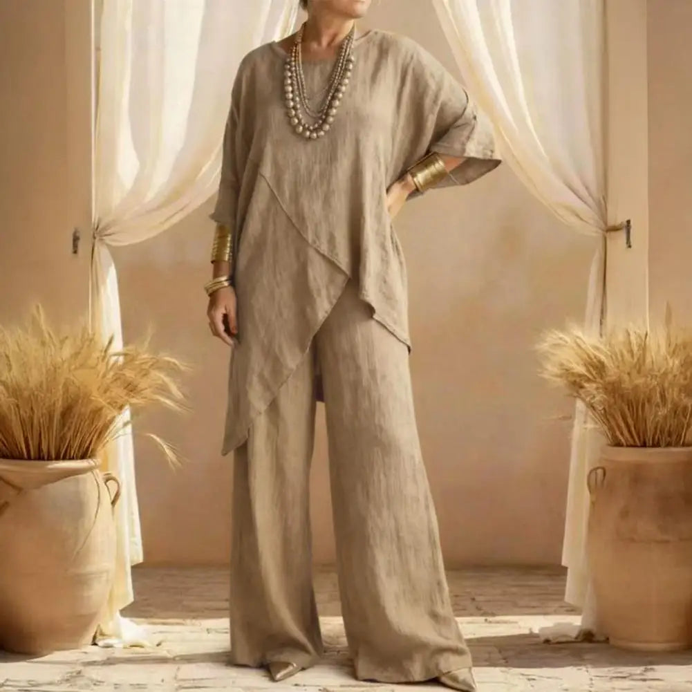 Matching Lounge Sets Women 3/4 Sleeve Top And Wide Leg Pants Cotton Linen 2 Piece Set