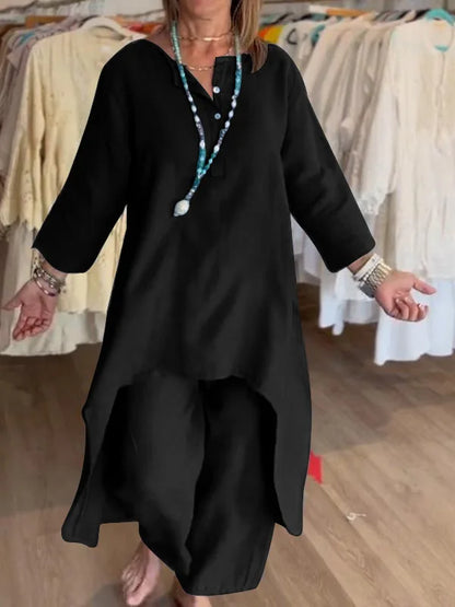 Women's 2pcs Clothing Set Fashion Summer New Suit Casual Long Shirt Blouse Top & Wide Leg Pants Solid Color 2 Piece Sets Outfits