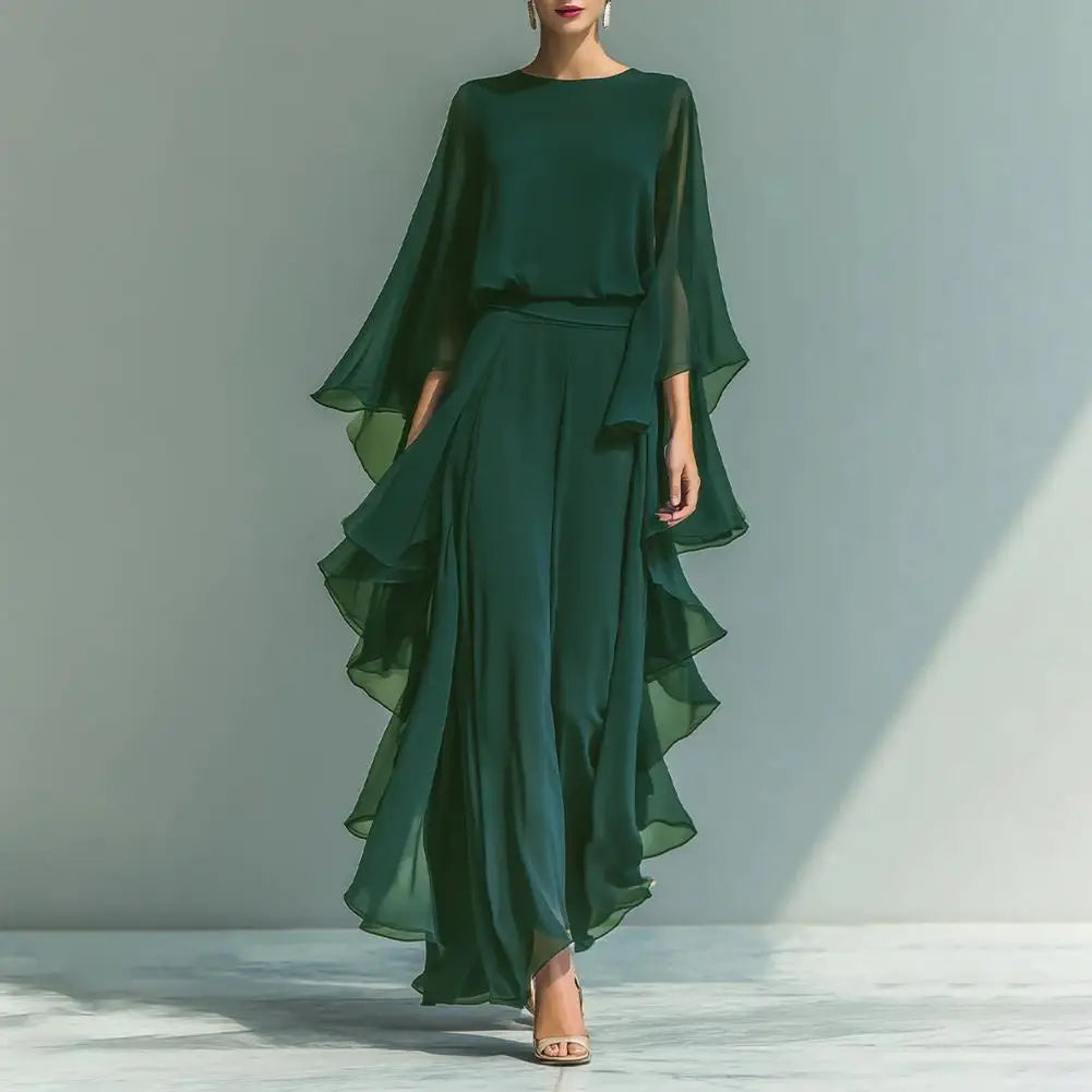 Women Top Pants Two-Piece Set Summer Loose Fit Casual Ruffle Bell Sleeve Shirt Solid Color Wide Legs Pants Trousers