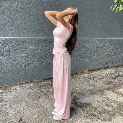 Casual Long Pants Suits Women O-neck Short Sleeve T-shirt Elastic Waist Trousers Set Spring Summer Solid Lady Household Clothes