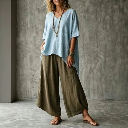 Summer New Loose Retro Short-sleeved T-shirt Trousers 2-piece Set Women's Fashion Irregular Top + Wide-leg Trousers Set Female