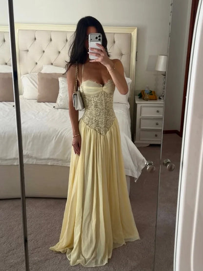 Sexy Yellow Lace Corset Maxi Dress Women's Spaghetti Strap Ruched Bust Flowy Chiffon Long Gowns 2026 Lady Evening Party Wear
