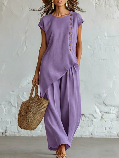 2026 Women 2 Piece Set Elastic Waist Pocket Button Decorate Wide Leg Pants+Solid Blouse Suit Casual Top Trousers Lady Outfits