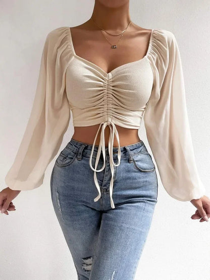 Plus Size Women Tops Drawstring Front Sheer Sleeve Crop T-Shirt Plunge Neck Long Sleeve Ribb-knit Ruched Blouse Spring Summer
