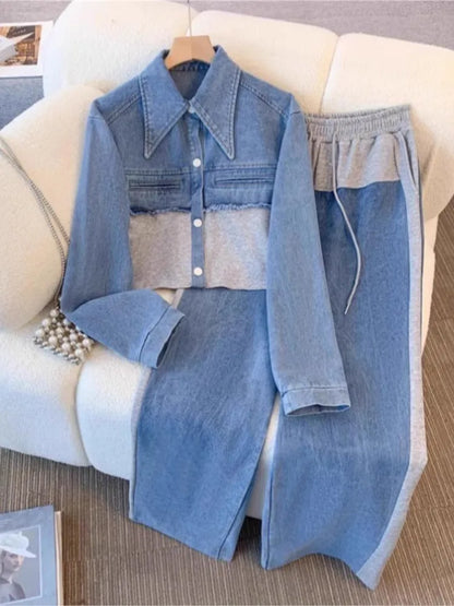 Blue Patchwork Pants Sets Women Fashion Long Sleeve Single-breasted Short Jacket Straight Trousers Two Piece Set Female New