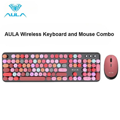 AULA Wireless Keyboard Mouse Combo 104 Keys Retro Round Keycaps Silent Typing 2.4G Ergonomic Office Gaming Set for PC Laptop