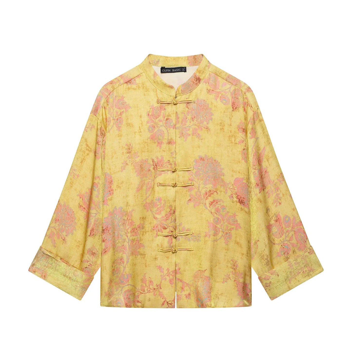 Women Fashion Flower Print Sets Sexy Long Sleeve Frog Button Decoration Top+Wide-Leg Pants Summer Autumn Vacation New 2 Pieces