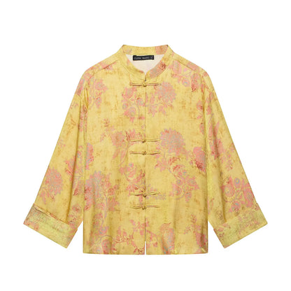 Women Fashion Flower Print Sets Sexy Long Sleeve Frog Button Decoration Top+Wide-Leg Pants Summer Autumn Vacation New 2 Pieces