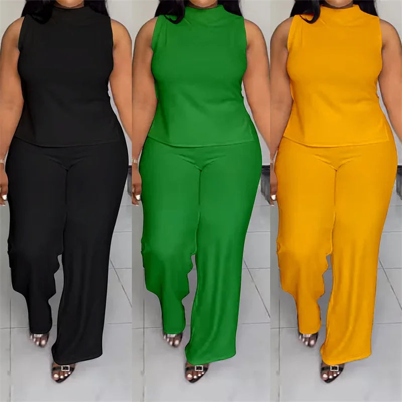 Solid Casual Tracksuit Women 2 Pieces Outfits Summer Sleeveless Side Split Top and Wide Leg Pants Sporty Fitness Matching Sets