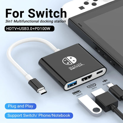 3 in 1 USB C Docking Station 4K HDMI GAME HUB Adapter 100W PD USB 3.0 Hub for Switch, MacBook & Phones
