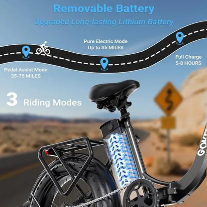 1300W Folding Electric Bike for Adults, 75 Miles PAS Range, 48V13Ah Removable Lithium Battery Front Suspension Electric Bicycle