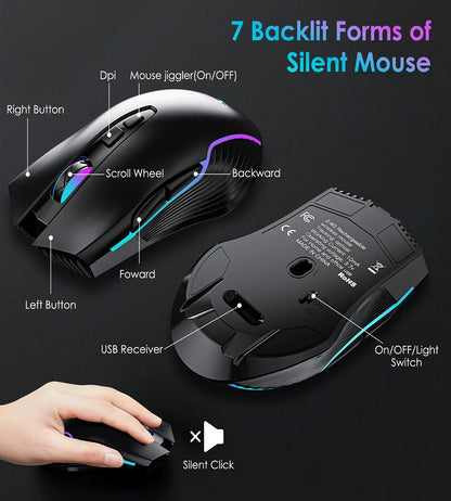 2.4G&Type-C Wireless Keyboard Mouse Combo with Wrist Rest,RGB Backlit,Silent Rechargeable Set for PC,Laptop,Window,Jiggler Mouse