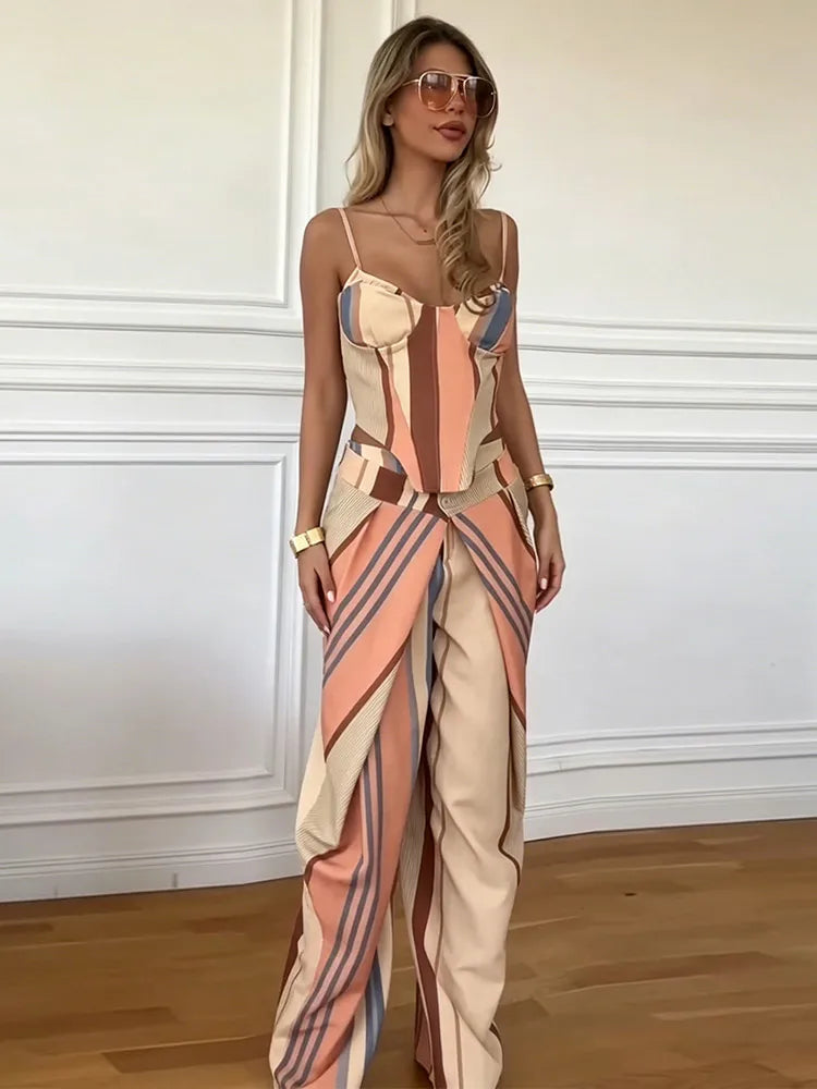 Fashion Women's Pants Set Halter Slim Corset Straight Bottom Female Print Sets 2026 Summer Vacation Beach Chic Sexy Lady Suit